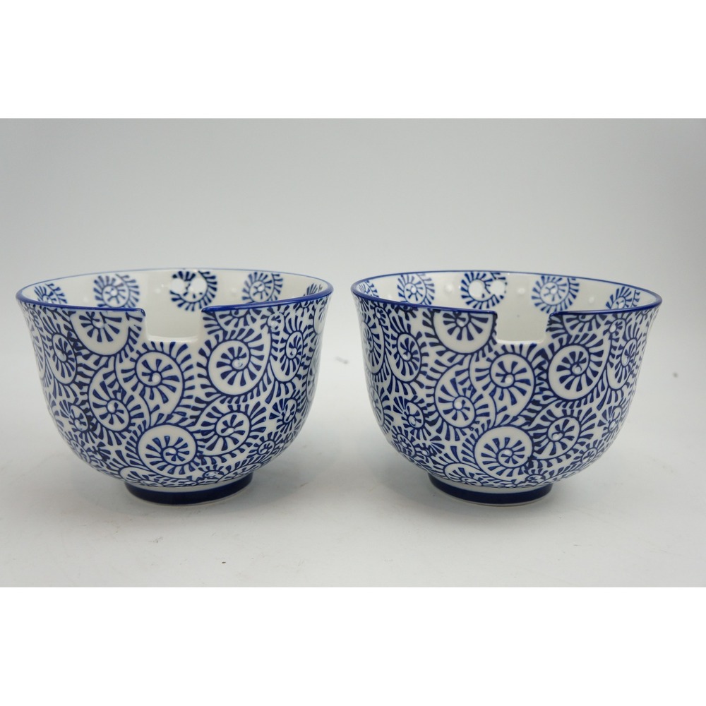 Royal Ramen Noodle Bowls Set of 2 Blue White Swirl Ceramic Chopstick Rest EUC